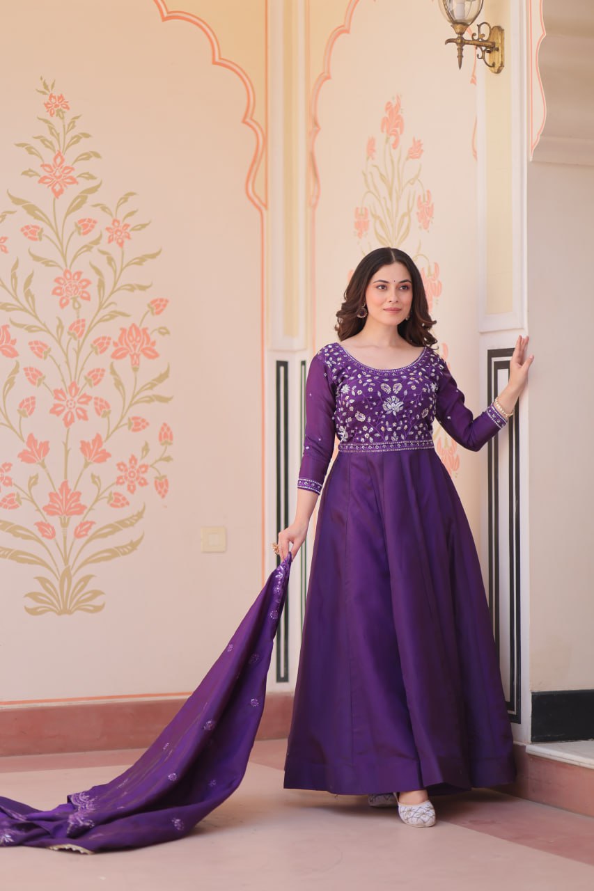 Purple Embroidered Gown with Dupatta
