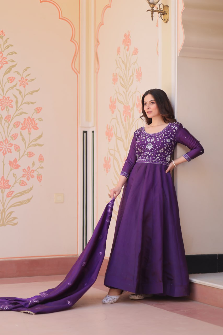 Purple Embroidered Gown with Dupatta