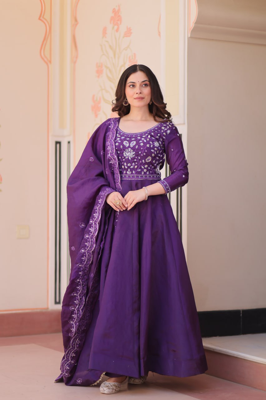 Purple Embroidered Gown with Dupatta
