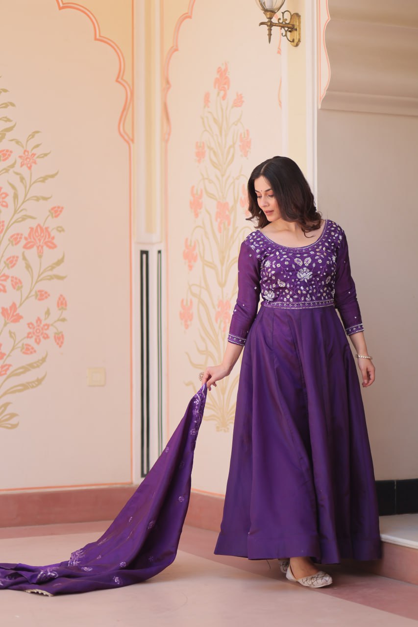Purple Embroidered Gown with Dupatta