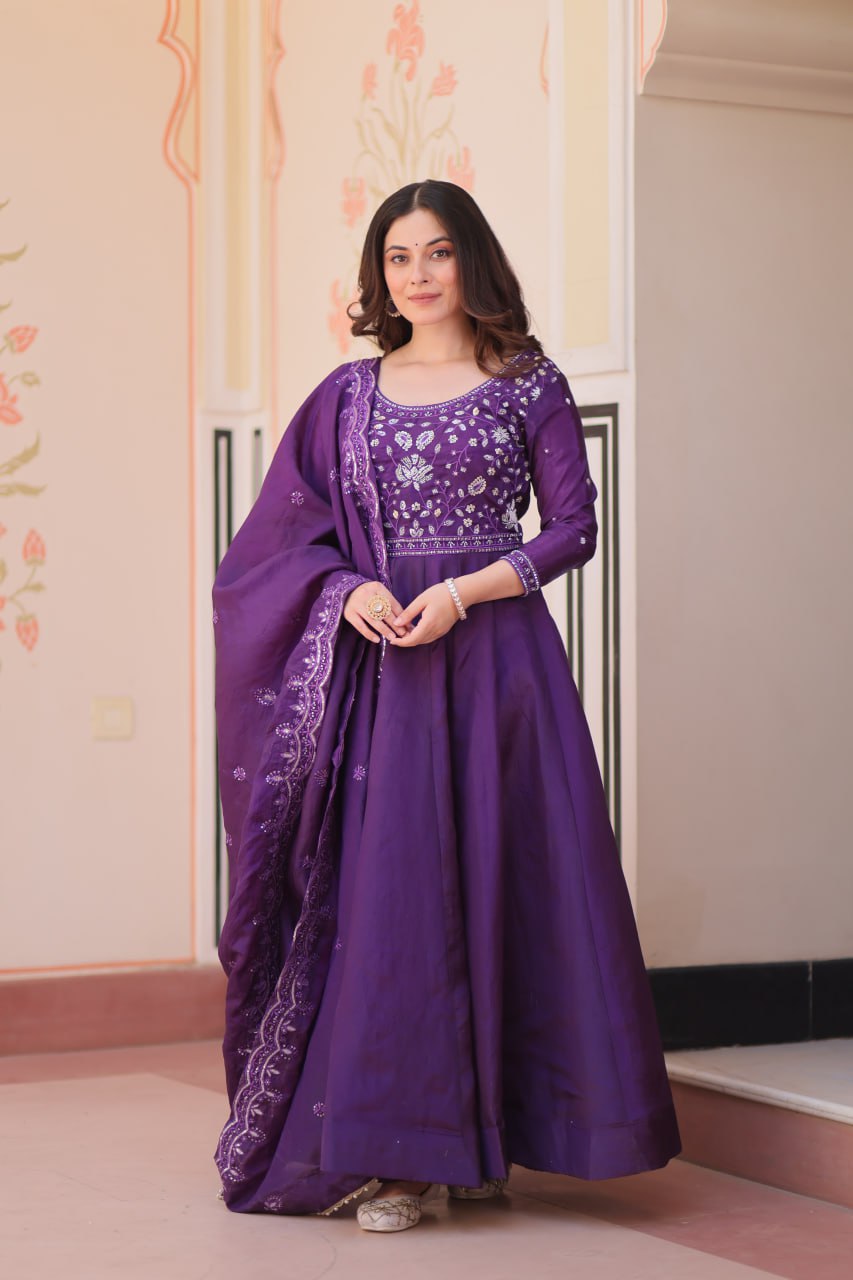 Purple Embroidered Gown with Dupatta