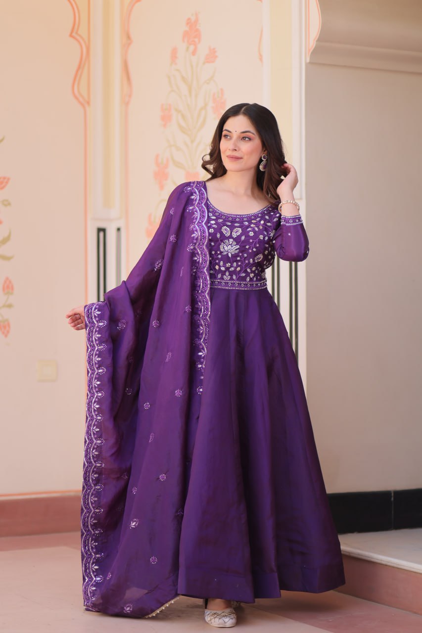Purple Embroidered Gown with Dupatta