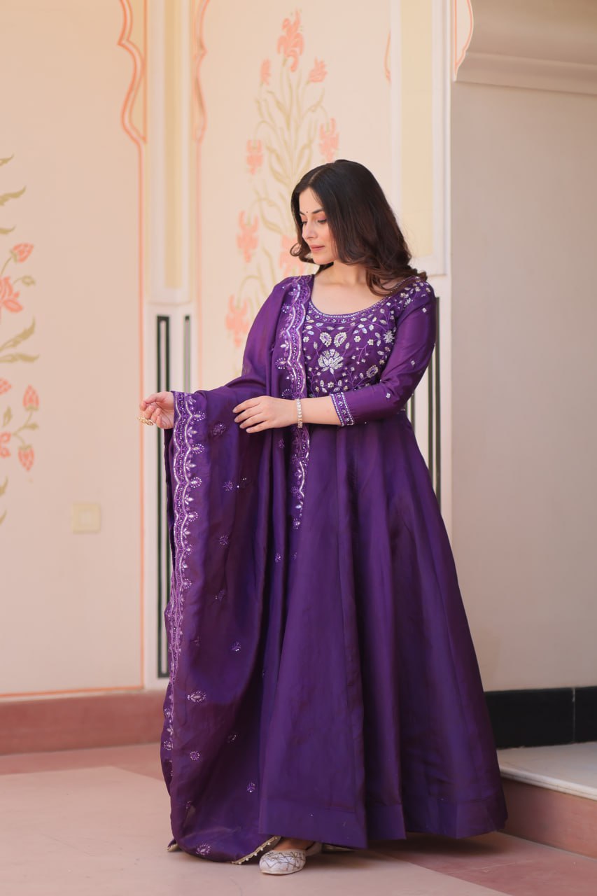 Purple Embroidered Gown with Dupatta