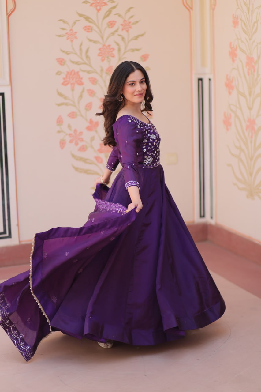 Purple Embroidered Gown with Dupatta