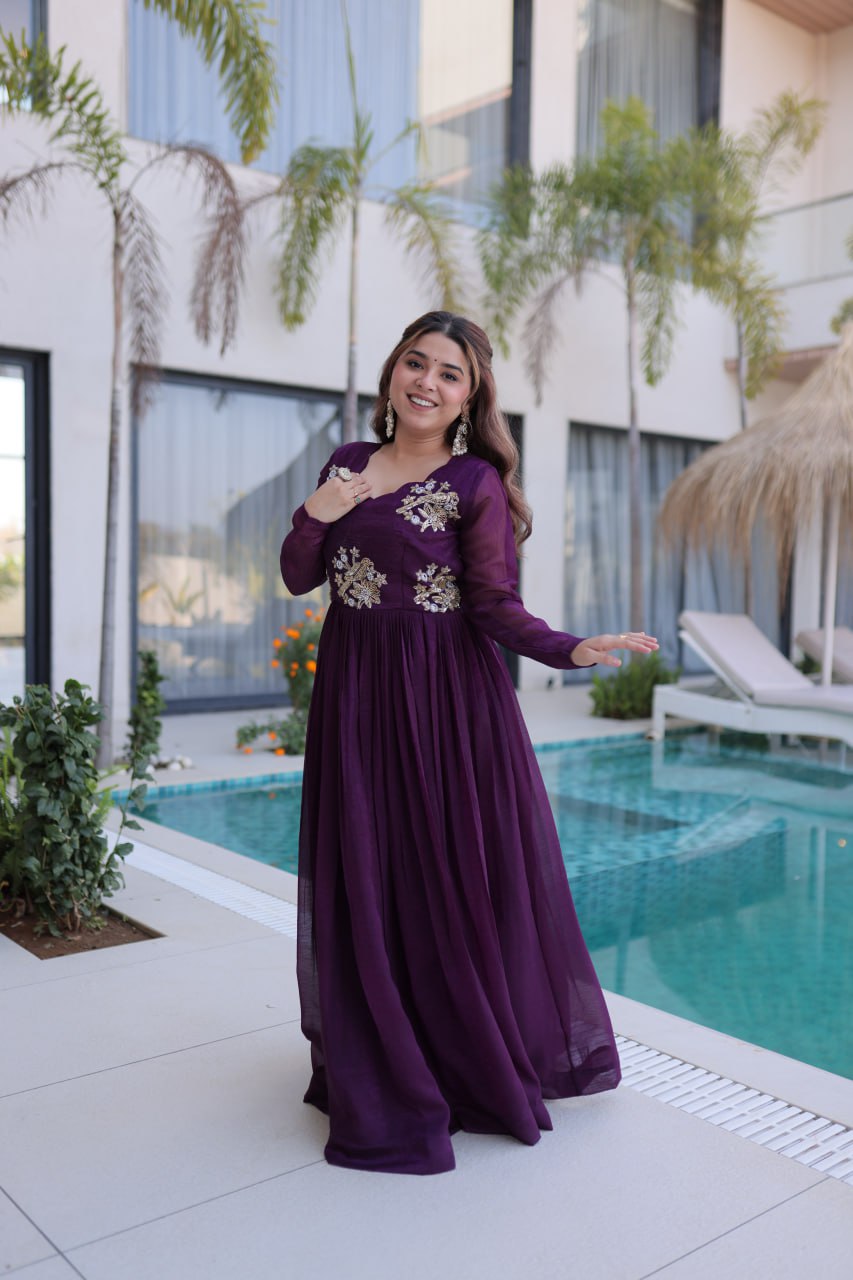 Purple Embroidered Gown with Long Sleeves