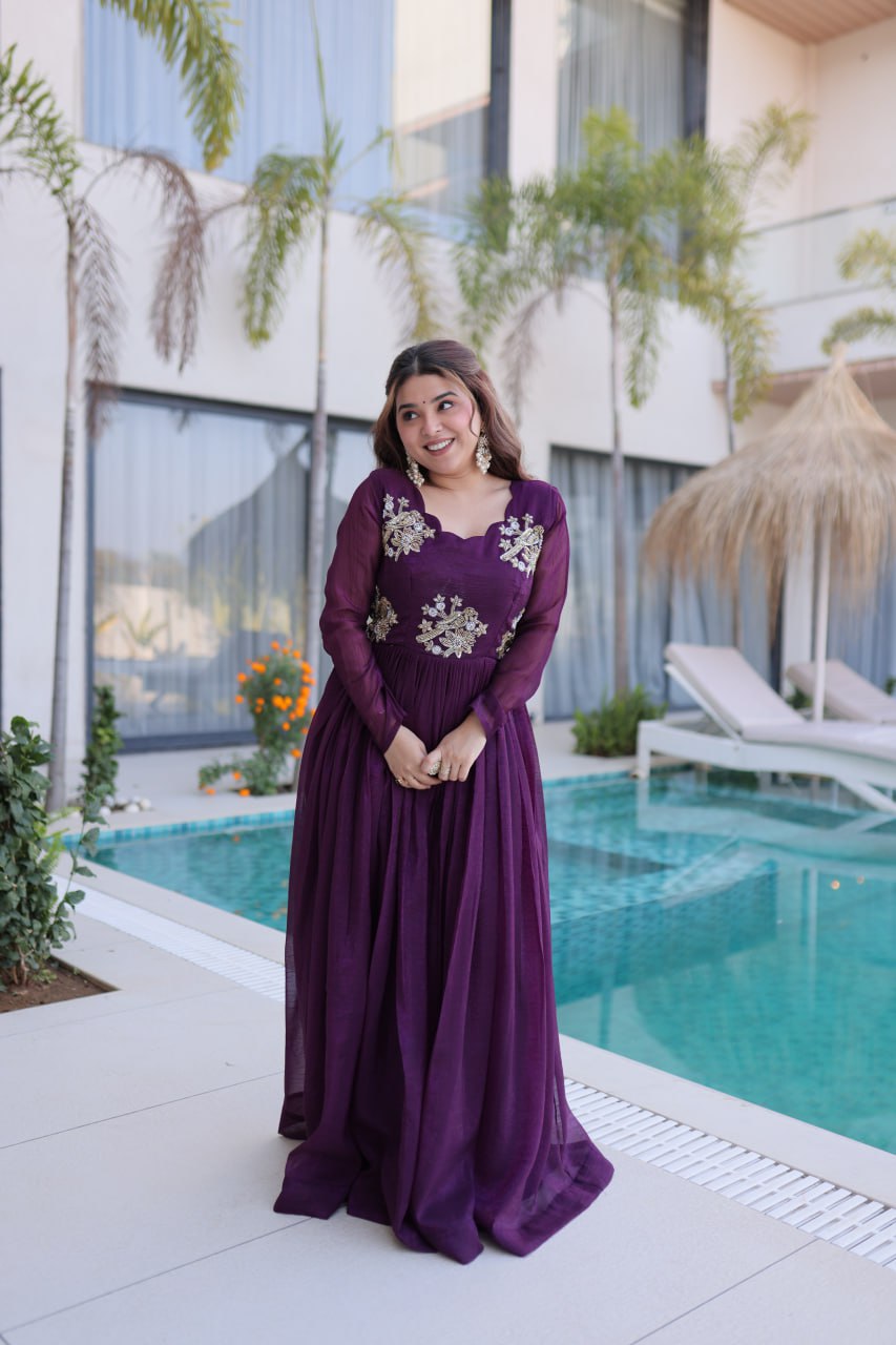 Purple Embroidered Gown with Long Sleeves