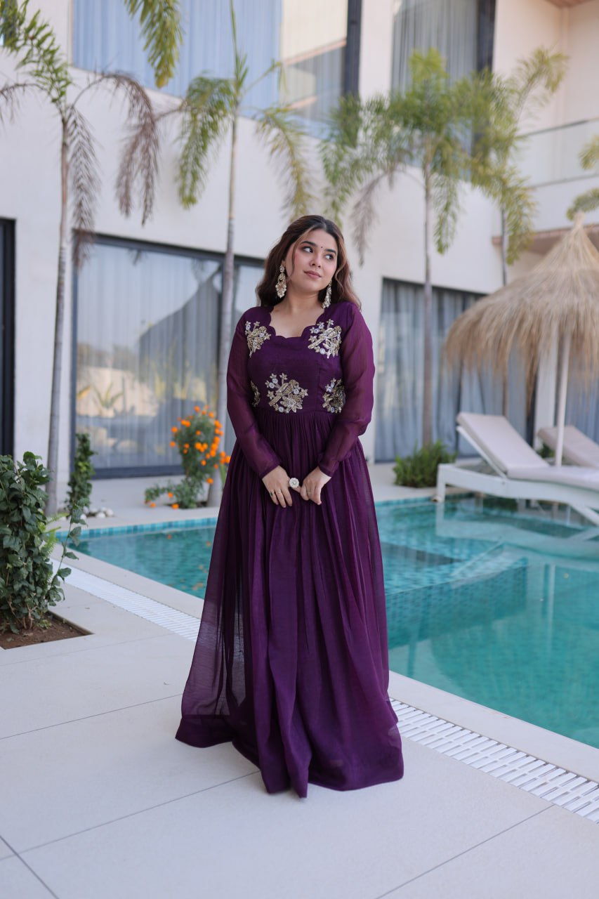 Purple Embroidered Gown with Long Sleeves