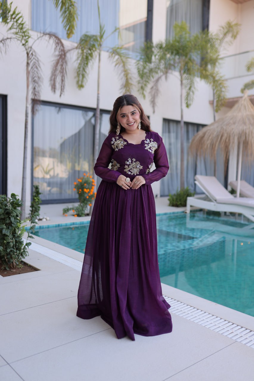 Purple Embroidered Gown with Long Sleeves