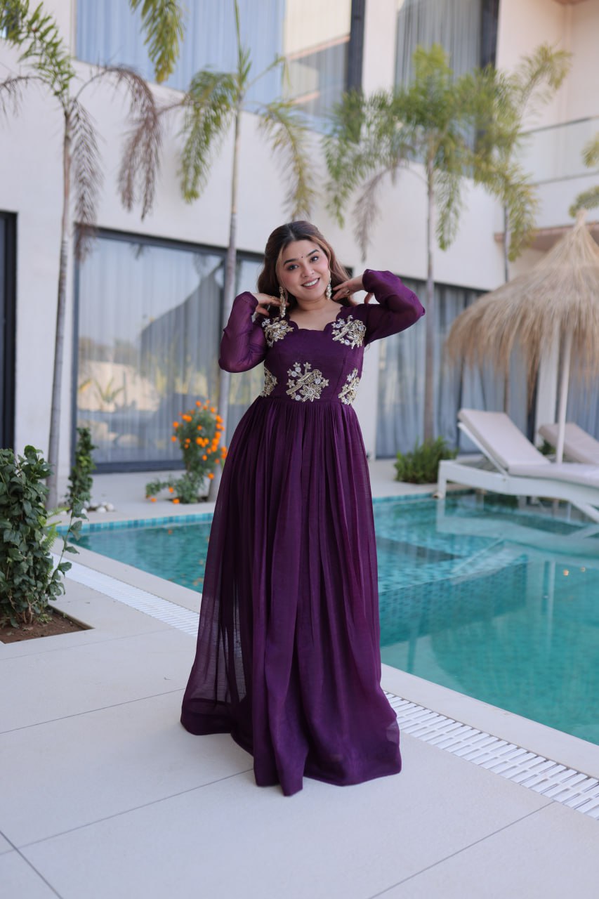 Purple Embroidered Gown with Long Sleeves