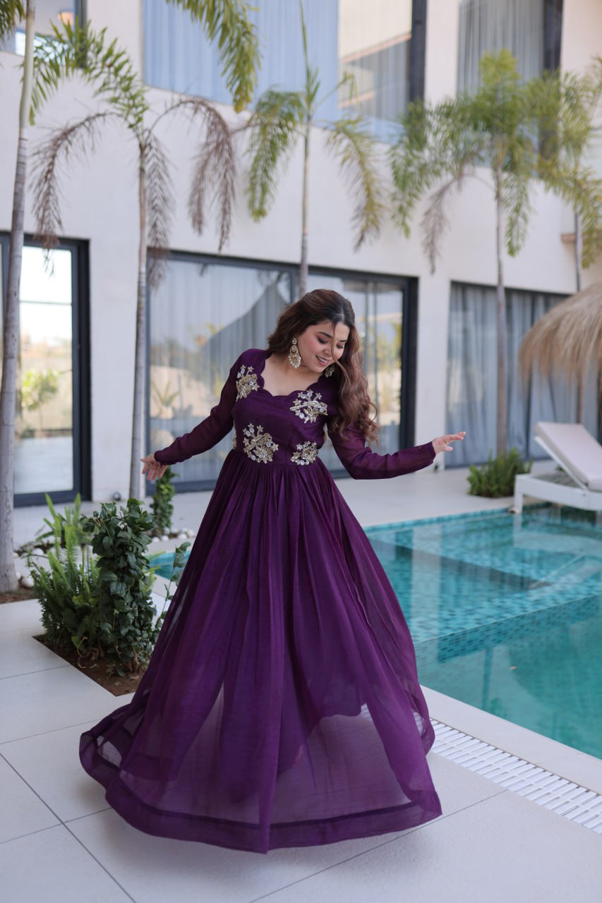 Purple Embroidered Gown with Long Sleeves
