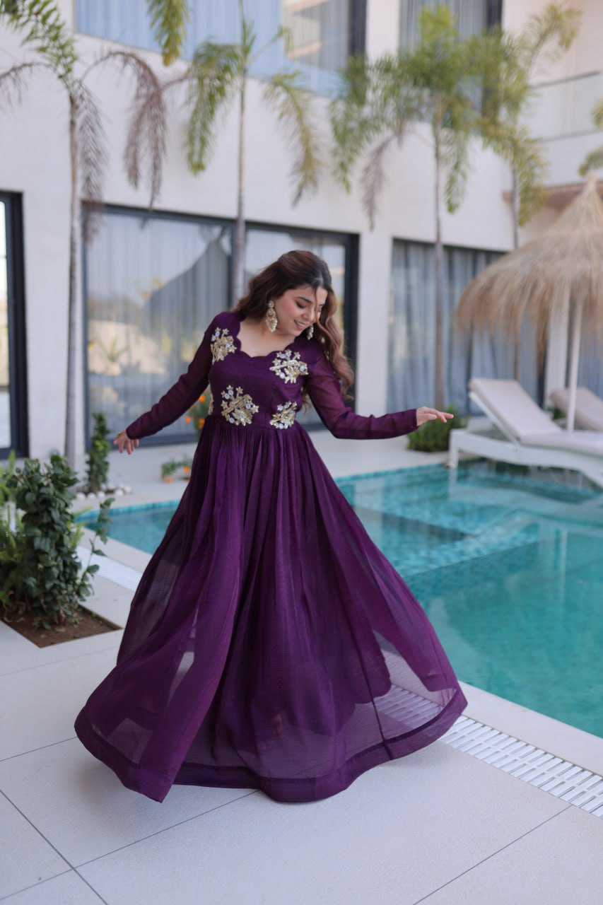 Purple Embroidered Gown with Long Sleeves