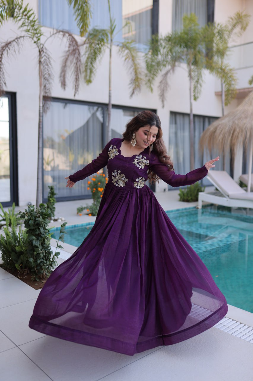 Purple Embroidered Gown with Long Sleeves