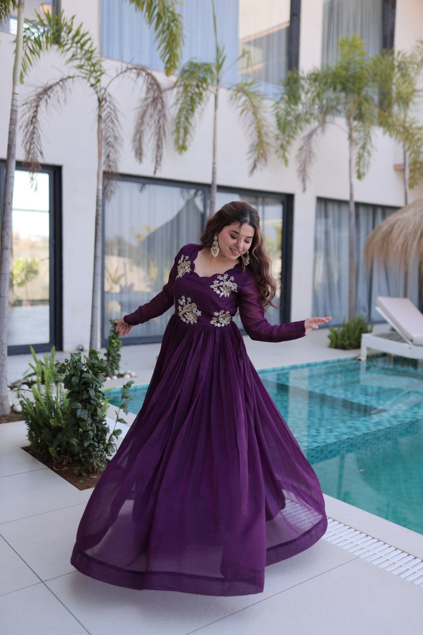 Purple Embroidered Gown with Long Sleeves