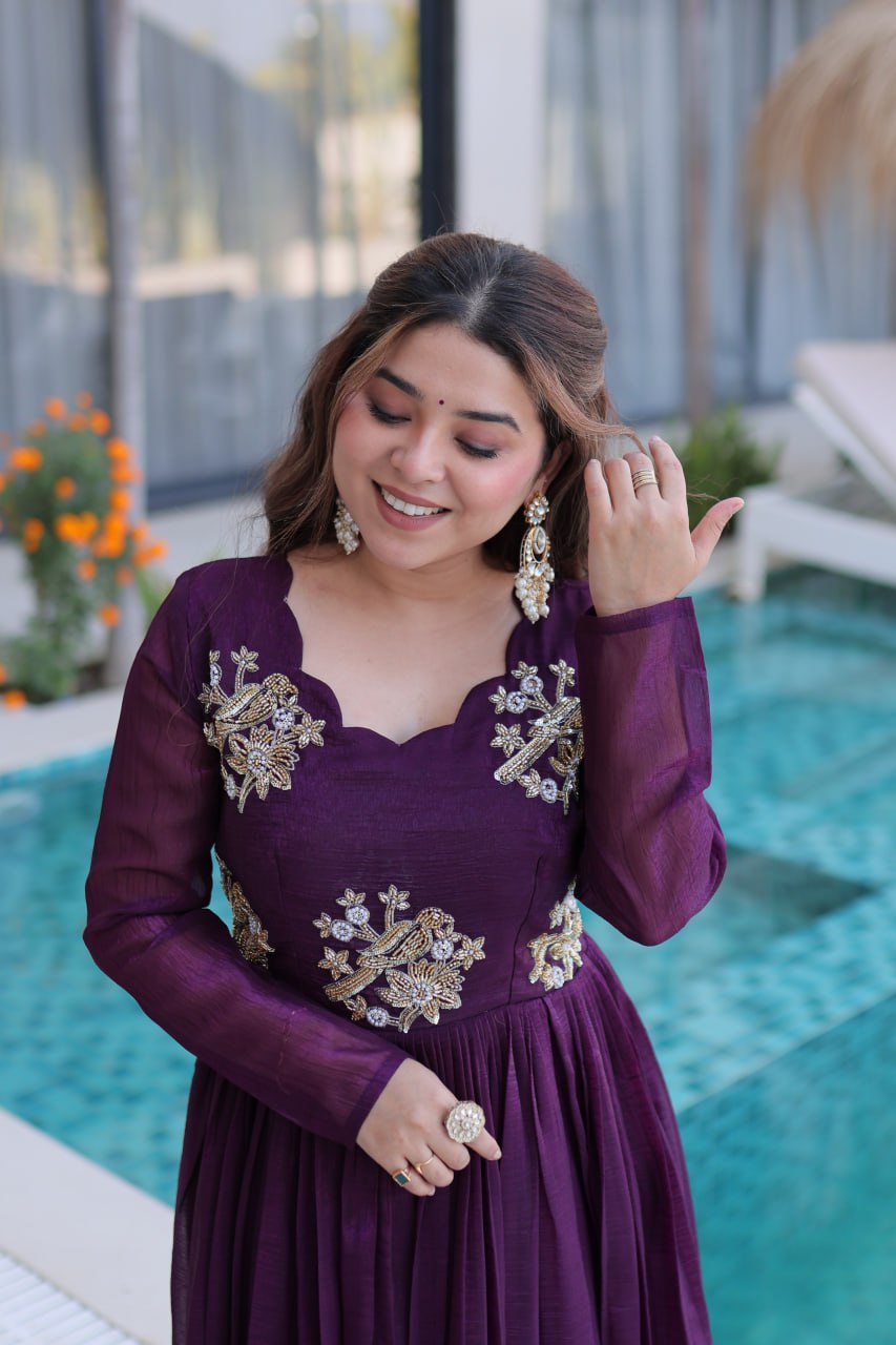 Purple Embroidered Gown with Long Sleeves