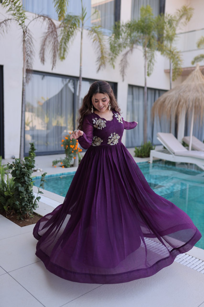 Purple Embroidered Gown with Long Sleeves