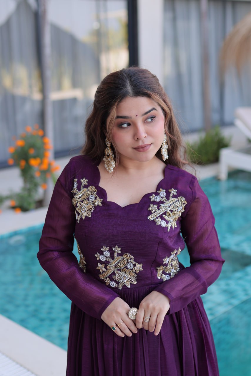 Purple Embroidered Gown with Long Sleeves