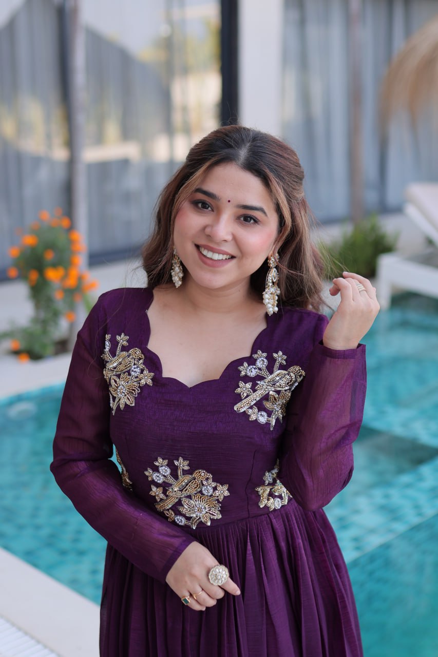 Purple Embroidered Gown with Long Sleeves