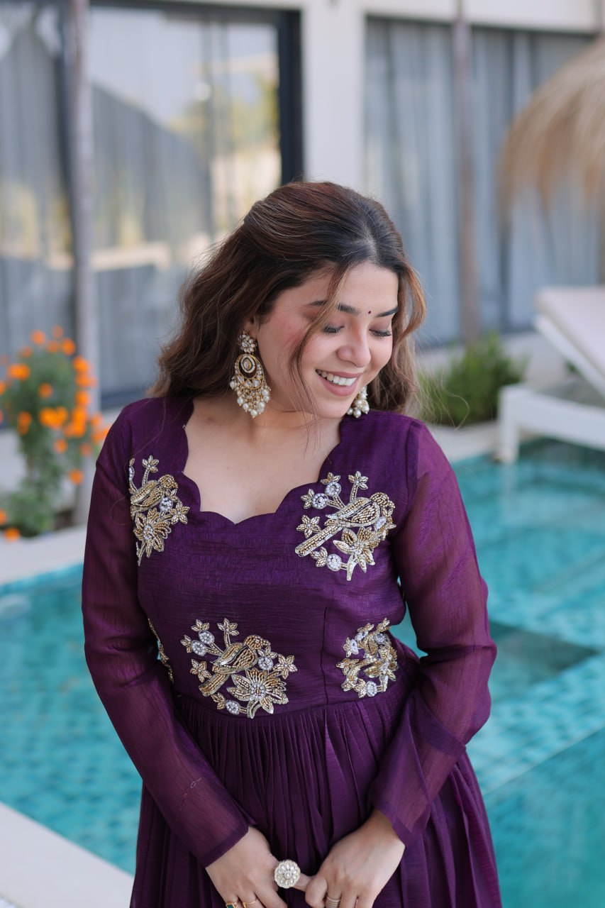 Purple Embroidered Gown with Long Sleeves