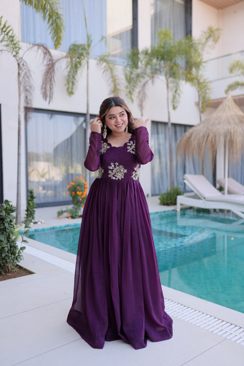 Purple Embroidered Gown with Long Sleeves
