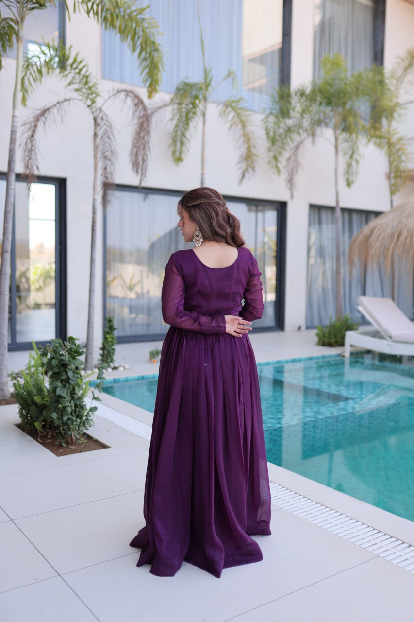 Purple Embroidered Gown with Long Sleeves