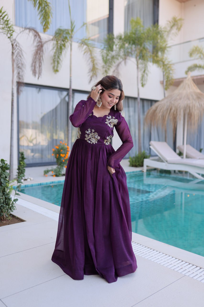 Purple Embroidered Gown with Long Sleeves