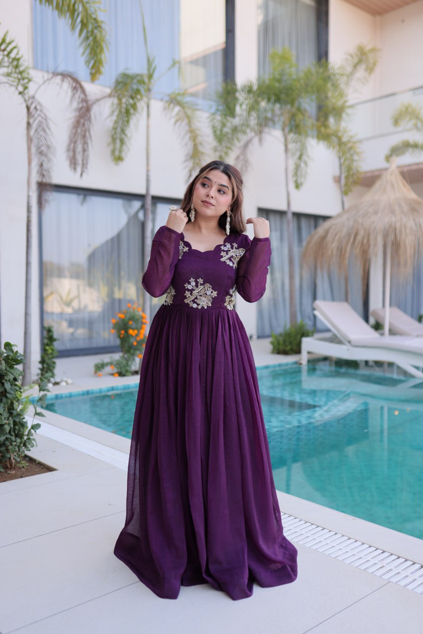 Purple Embroidered Gown with Long Sleeves