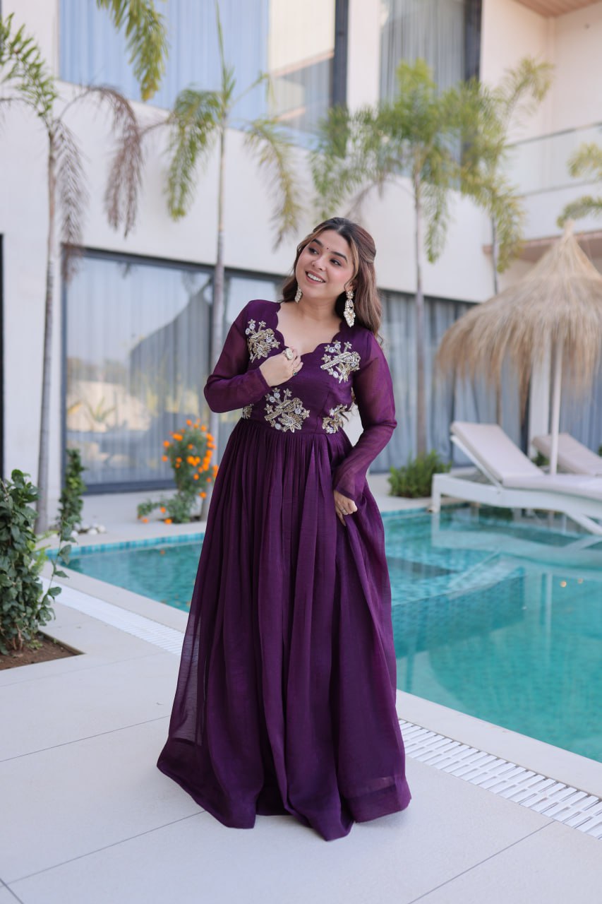 Purple Embroidered Gown with Long Sleeves