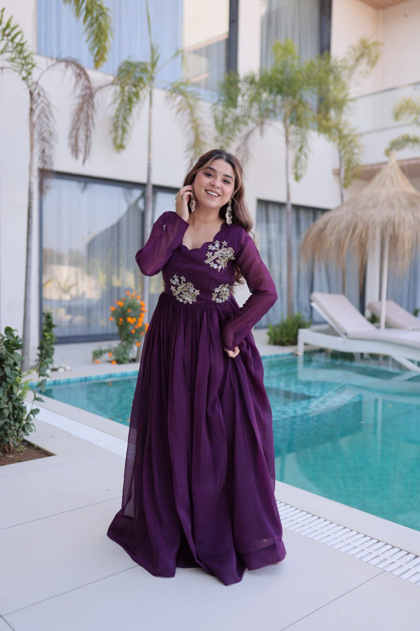 Purple Embroidered Gown with Long Sleeves