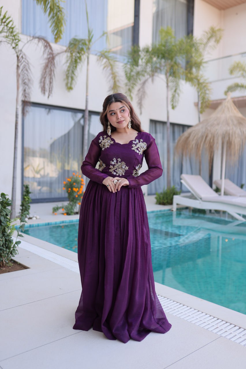 Purple Embroidered Gown with Long Sleeves