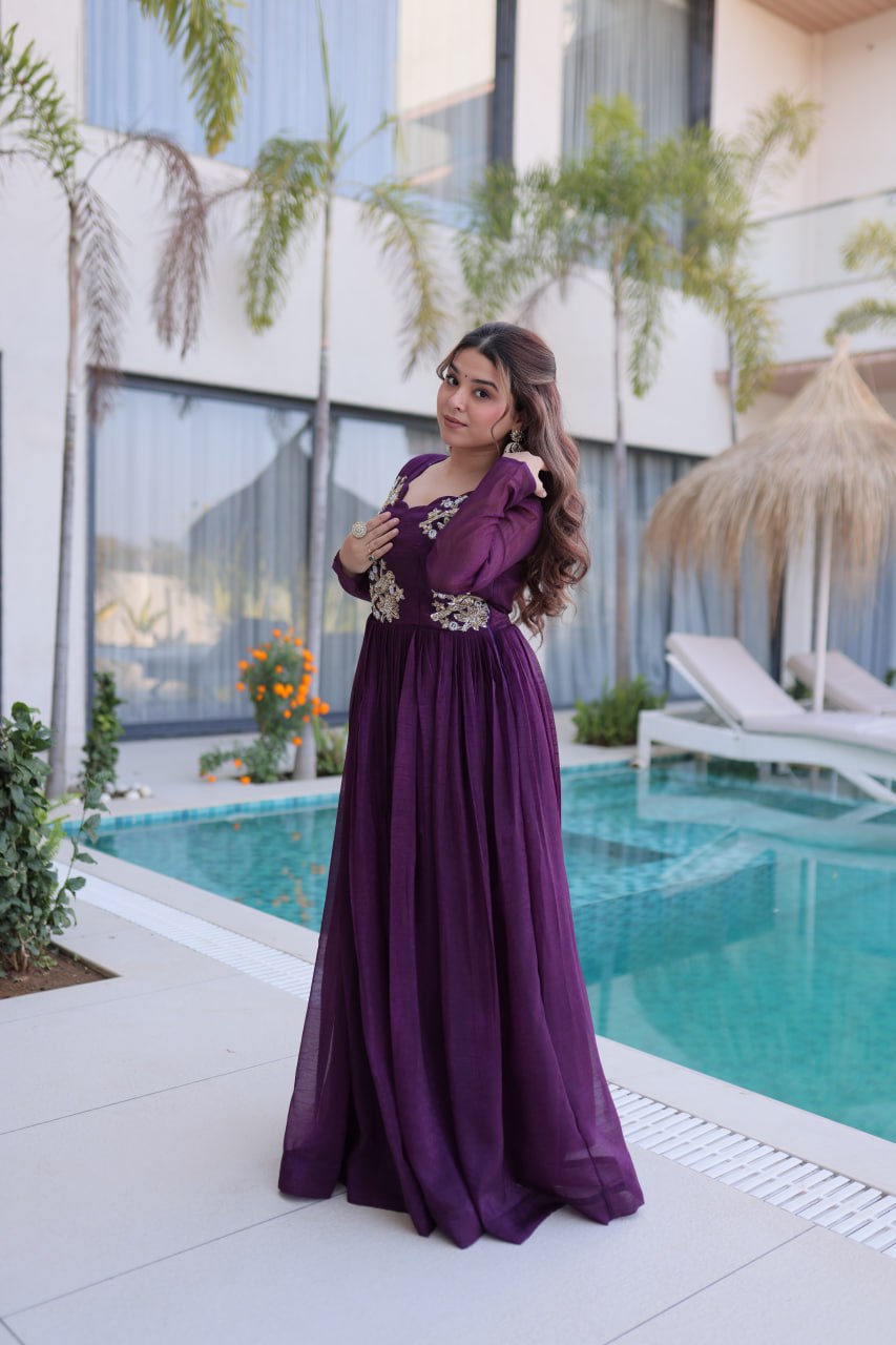 Purple Embroidered Gown with Long Sleeves