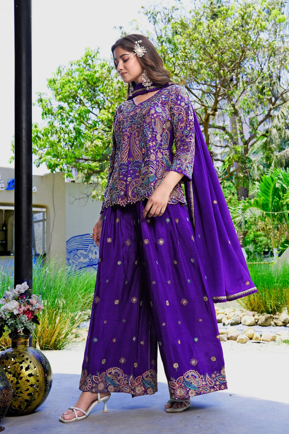 Purple Embroidered Kurta Palazzo Set