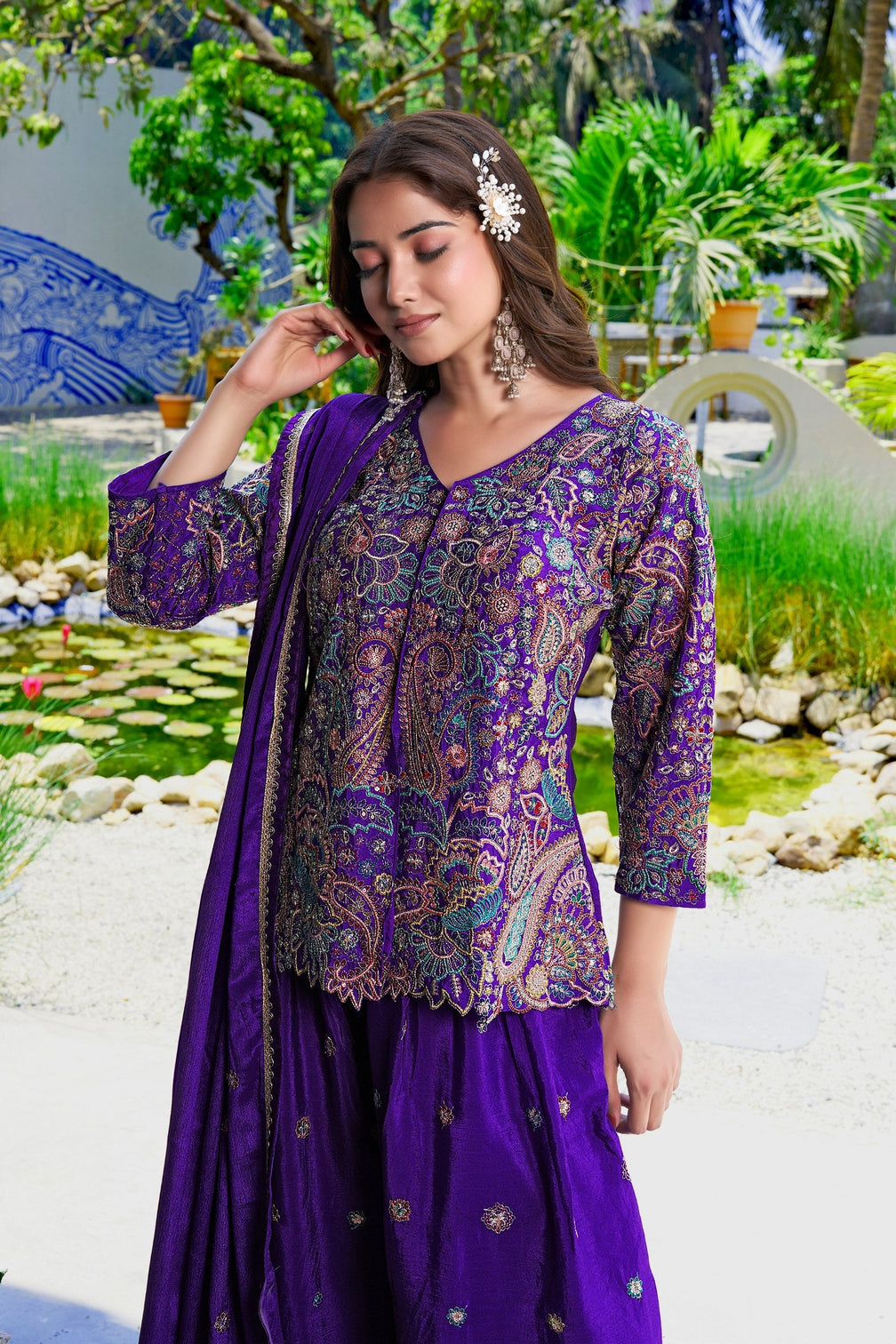 Purple Embroidered Kurta Palazzo Set