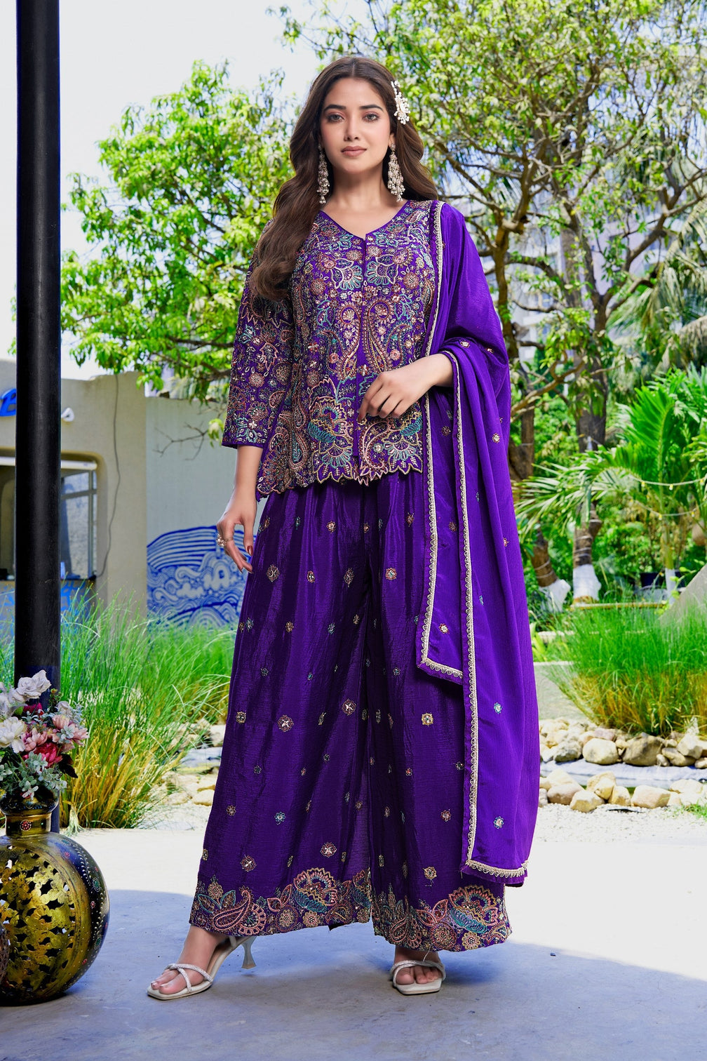 Purple Embroidered Kurta Palazzo Set