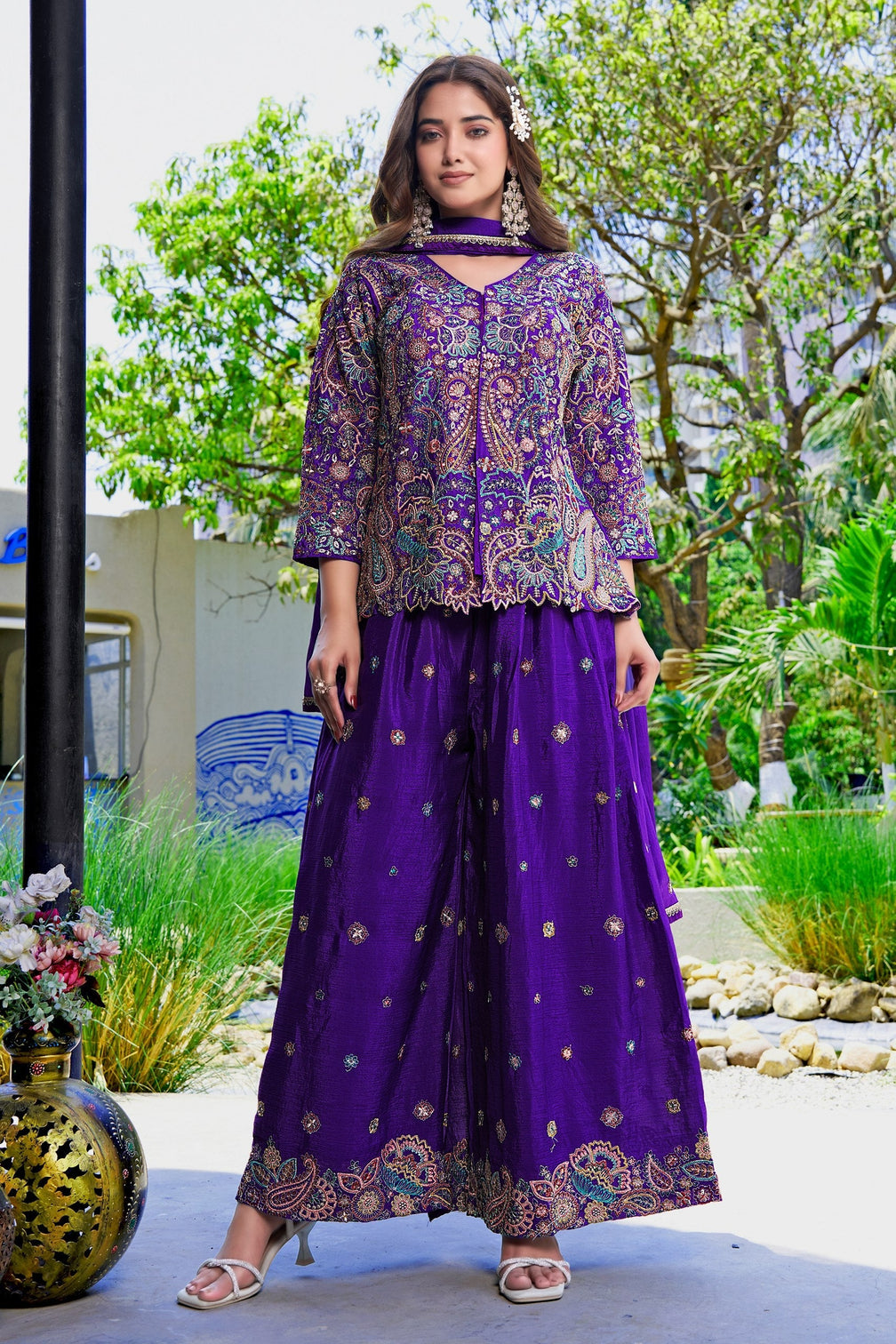 Purple Embroidered Kurta Palazzo Set