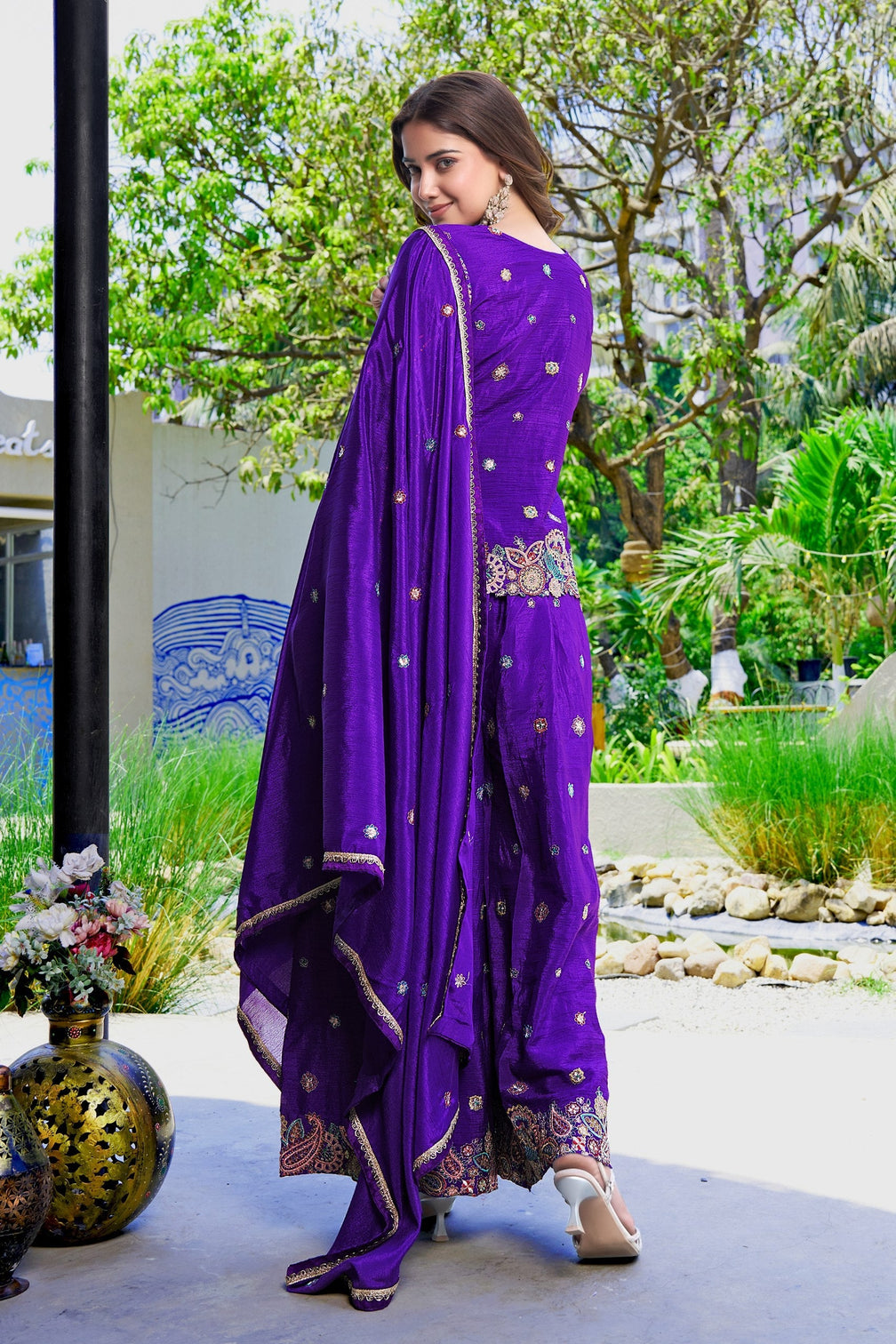 Purple Embroidered Kurta Palazzo Set