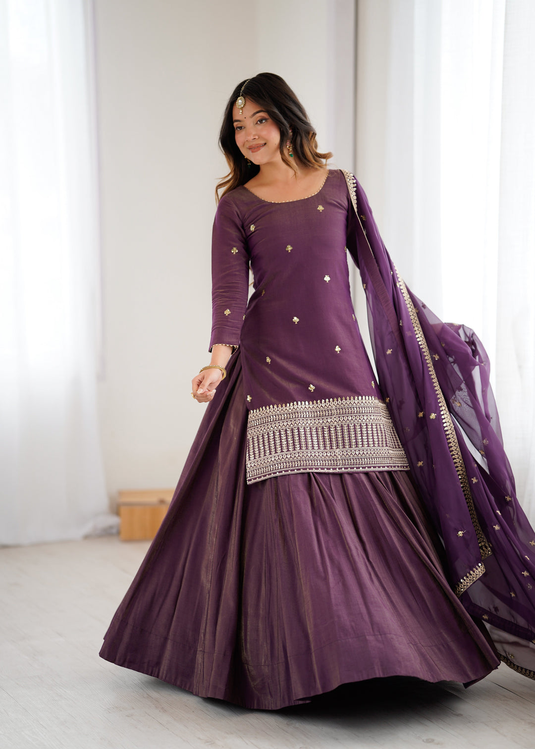 Purple Embroidered Kurta with Flared Lehenga