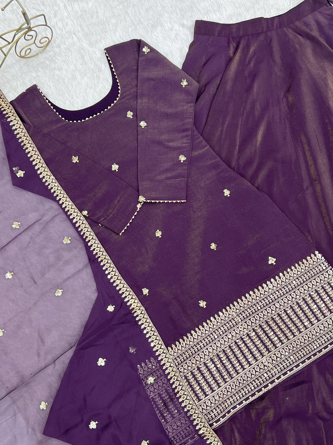Purple Embroidered Kurta with Flared Lehenga