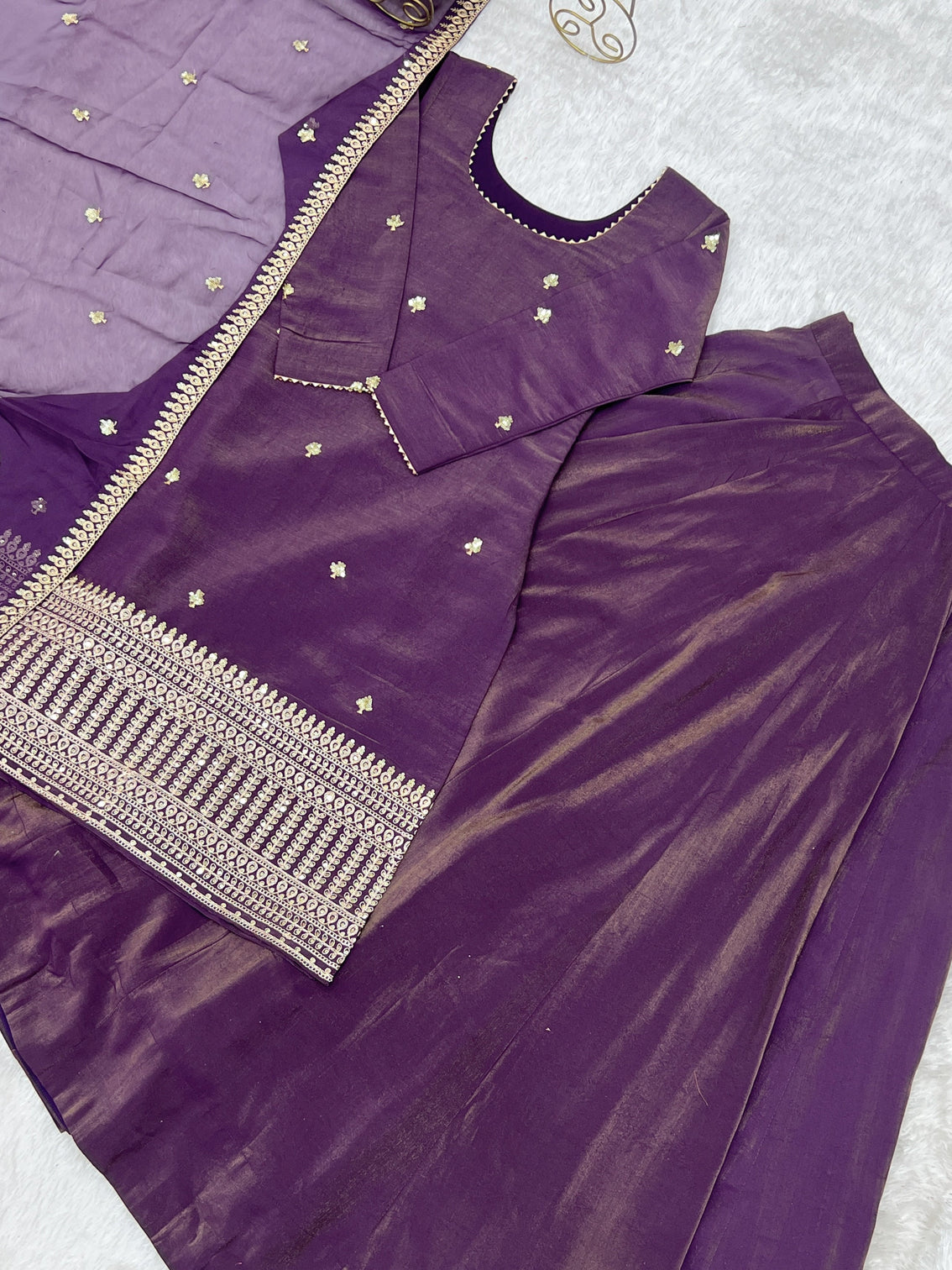 Purple Embroidered Kurta with Flared Lehenga