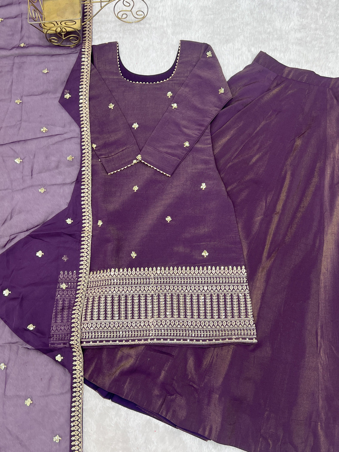 Purple Embroidered Kurta with Flared Lehenga