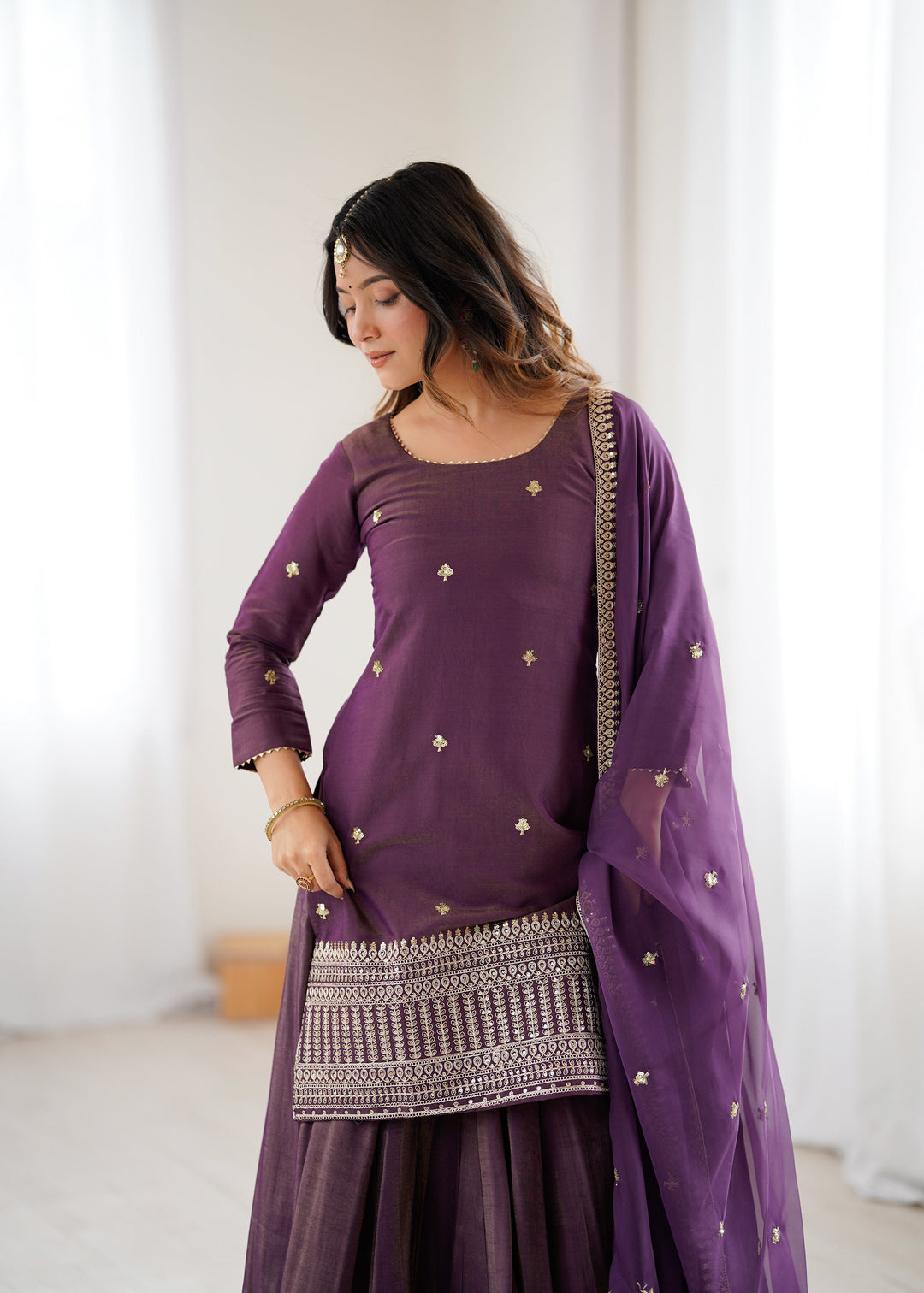 Purple Embroidered Kurta with Flared Lehenga