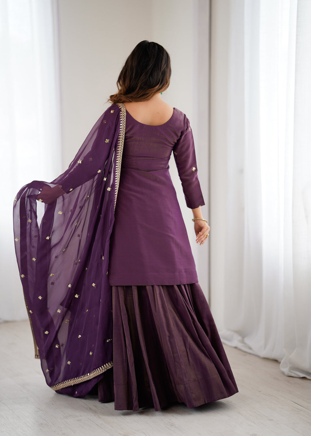 Purple Embroidered Kurta with Flared Lehenga