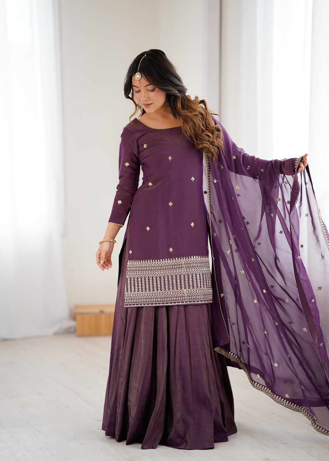Purple Embroidered Kurta with Flared Lehenga