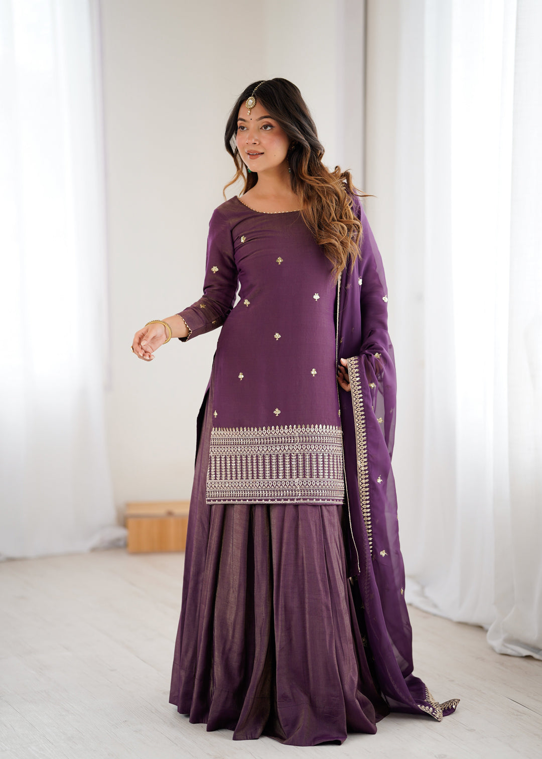 Purple Embroidered Kurta with Flared Lehenga