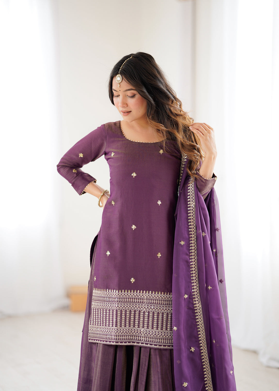 Purple Embroidered Kurta with Flared Lehenga