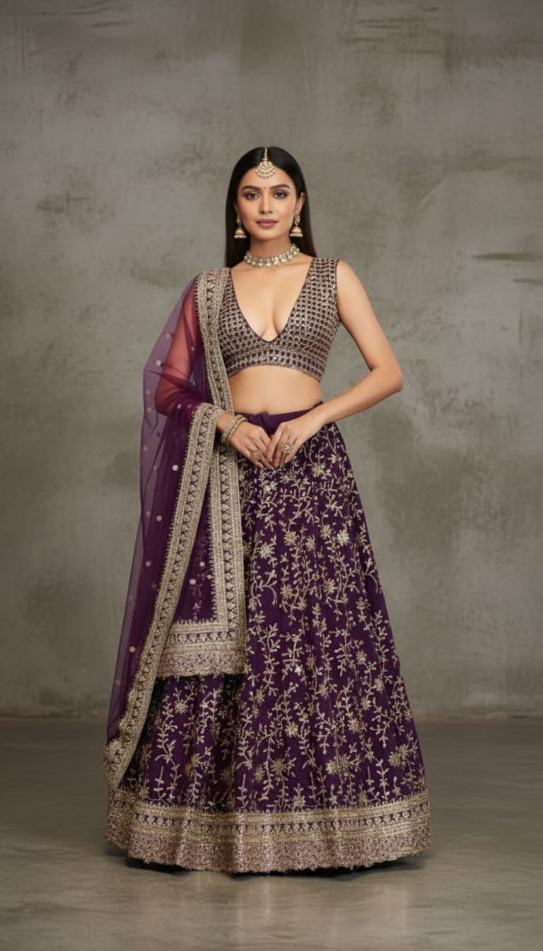 Purple Embroidered Lehenga Choli Set