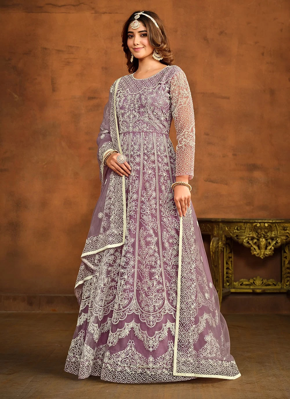 Purple embroidered net anarkali dress