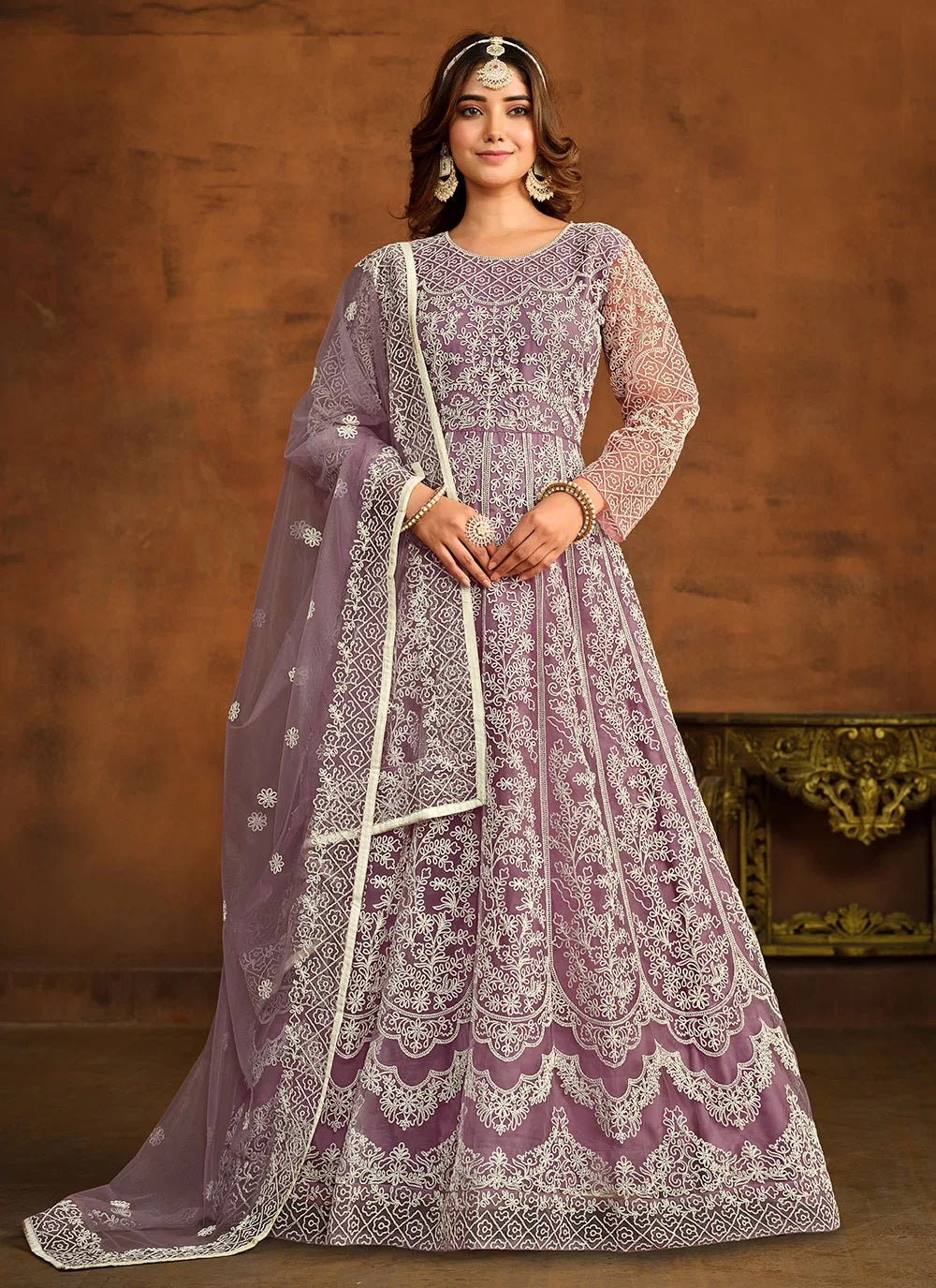 Purple embroidered net anarkali dress