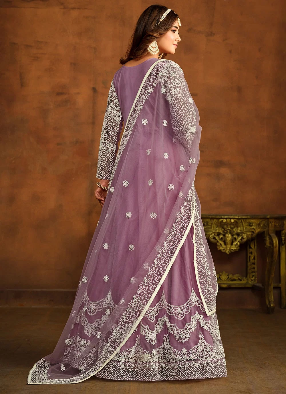 Purple embroidered net anarkali dress