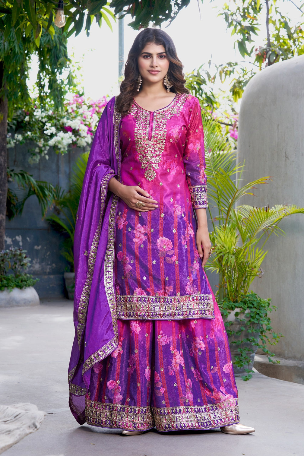 Purple Embroidered Palazzo Set