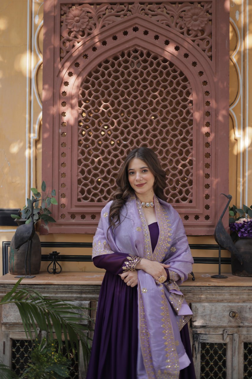 Purple Embroidered Star Georgette Gown with Gold Crush Sequins Dupatta